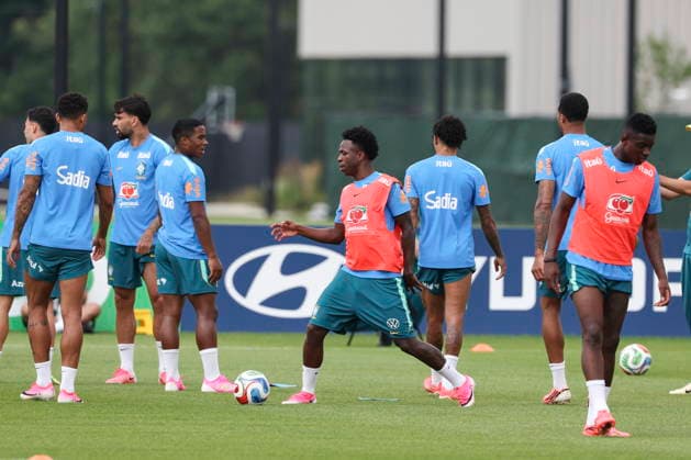 FIFA World Cup, WM, Weltmeisterschaft, Fussball 2026 - Brazil training session Endrick (C-L) and Vini Jr. (C) of Brazil during a training session of the national soccer team for the FIFA World Cup 2026 at Columbia Park in Morristown, New Jersey, USA, 11 June 2026. Morristown United States  Copyright: xSebastiaoxMoreirax