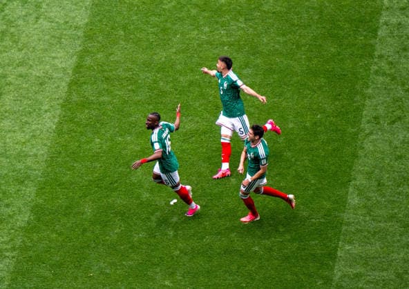 Soccer, Men, FIFA World Cup 2026 in Mexico, Canada and USA, Opening match in Mexico City Group A, Matchday 1 , Mexico South Africa, f l Julian Quinones Mexico , Johan Vasquez Mexico , Israel Reyes Mexico , Cheering after scoring 1 0, 11 06 2026, Copyright: xMatthiasxKochx