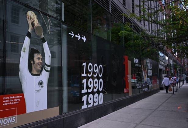 Soccer FIFA World Cup 2026 11 06 2026 Exterior view of the German House of Soccer in Manhattan New York, Pre Opening at the opening match of the World Cup 2026, Mexico South Africa, second German World Cup victory 1974 in Munich, Franz Beckenbauer with trophy