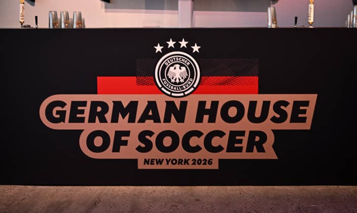Soccer FIFA World Cup 2026 11 06 2026 German House of Soccer in Manhattan New York, Pre Opening at the opening match of the World Cup 2026, Mexico South Africa, a logo at a bar