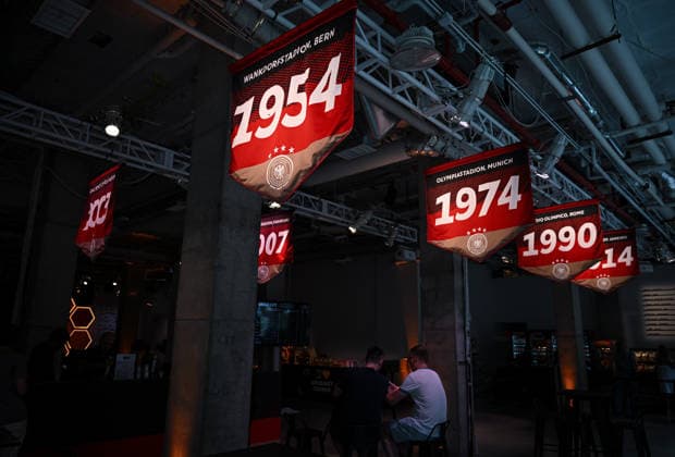 Soccer FIFA World Cup 2026 11 06 2026 German House of Soccer in Manhattan New York, Pre Opening at the opening match of the World Cup 2026, Mexico South Africa, pennant with the years of the World Cup victories men and women