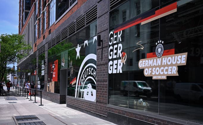 Football FIFA World Cup 2026 11 06 2026 Exterior view of the German House of Soccer in Manhattan New York, Pre Opening at the opening match of the World Cup 2026, Mexico South Africa
