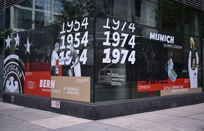 Football FIFA World Cup 2026 11 06 2026 Exterior view of the German House of Soccer in Manhattan New York, Pre Opening at the opening match of the World Cup 2026, Mexico South Africa, first German World Cup victory 1954 in Bern Switzerland and the second German World Cup victory 1974 in Munich