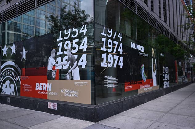 Football FIFA World Cup 2026 11 06 2026 Exterior view of the German House of Soccer in Manhattan New York, Pre Opening at the opening match of the World Cup 2026, Mexico South Africa, first German World Cup victory 1954 in Bern Switzerland and the second German World Cup victory 1974 in Munich