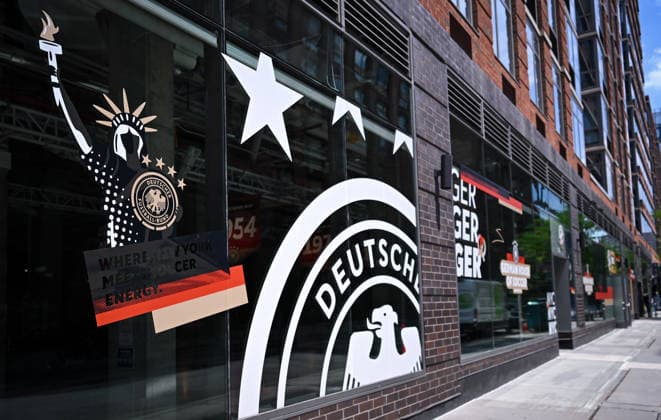 Football FIFA World Cup 2026 11 06 2026 Exterior view of the German House of Soccer in Manhattan New York, Pre Opening at the opening match of the World Cup 2026, Mexico South Africa