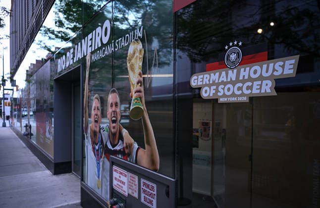 Football FIFA World Cup 2026 11 06 2026 Exterior view of the German House of Soccer in Manhattan New York, Pre Opening at the opening match of the World Cup 2026, Mexico South Africa, fourth German World Cup victory 2014 in Rio Brazil, Bastian Schweinsteiger and Lukas Podolski with trophy