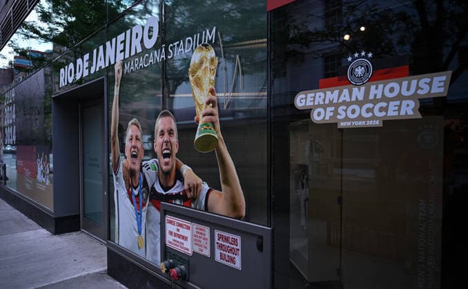 Football FIFA World Cup 2026 11 06 2026 Exterior view of the German House of Soccer in Manhattan New York, Pre Opening at the opening match of the World Cup 2026, Mexico South Africa, fourth German World Cup victory 2014 in Rio Brazil, Bastian Schweinsteiger and Lukas Podolski with trophy