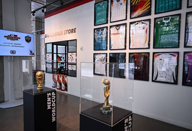 Football FIFA World Cup 2026 11 06 2026 German House of Soccer in Manhattan New York, Pre Opening at the opening match of the World Cup 2026, Mexico South Africa, Exhibition, World Cup trophies for men and women