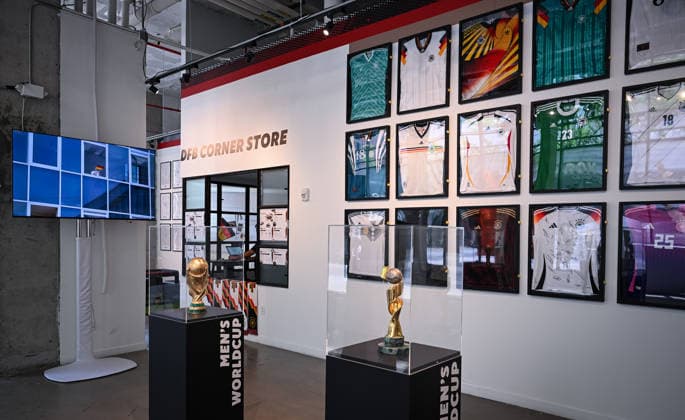 Football FIFA World Cup 2026 11 06 2026 German House of Soccer in Manhattan New York, Pre Opening at the opening match of the World Cup 2026, Mexico South Africa, Exhibition, World Cup trophies for men and women