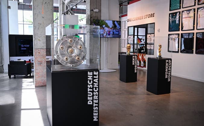 Football FIFA World Cup 2026 11 06 2026 German House of Soccer in Manhattan New York, Pre Opening at the opening match of the World Cup 2026, Mexico South Africa, exhibition, championship trophy and World Cup trophies for men and women
