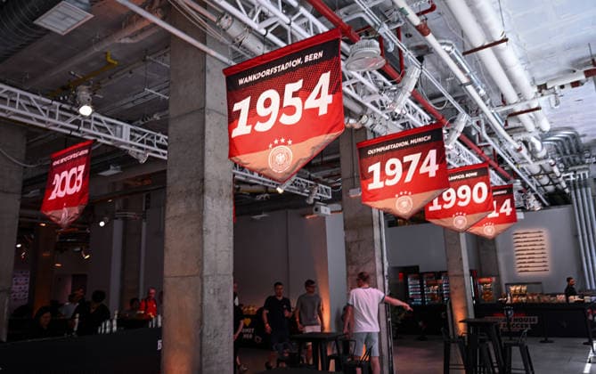 Soccer FIFA World Cup 2026 11 06 2026 German House of Soccer in Manhattan New York, Pre Opening at the opening match of the World Cup 2026, Mexico South Africa, pennant with the years of the World Cup victories men and women