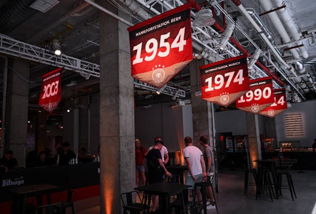 Soccer FIFA World Cup 2026 11 06 2026 German House of Soccer in Manhattan New York, Pre Opening at the opening match of the World Cup 2026, Mexico South Africa, pennant with the years of the World Cup victories men and women