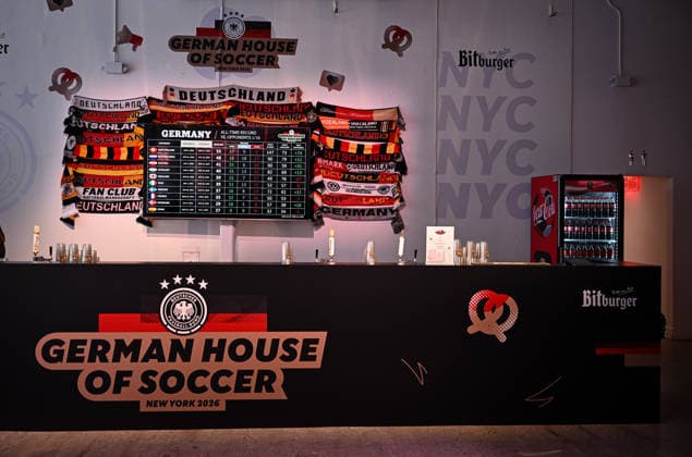 Soccer FIFA World Cup 2026 11 06 2026 German House of Soccer in Manhattan New York, Pre Opening at the opening match of the World Cup 2026, Mexico South Africa, a logo at a bar