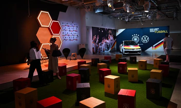 Soccer FIFA World Cup 2026 11 06 2026 German House of Soccer in Manhattan New York, Pre Opening at the opening match of the World Cup 2026, Mexico South Africa, interior view, seats in front of the video wall