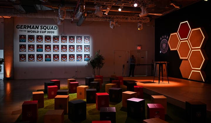 Soccer FIFA World Cup 2026 11 06 2026 German House of Soccer in Manhattan New York, Pre Opening at the opening match of the World Cup 2026, Mexico South Africa, pictures of the World Cup squad of the German national team, interior view, seats in front of the video wall