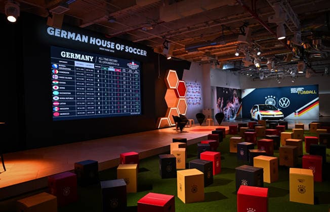 Soccer FIFA World Cup 2026 11 06 2026 German House of Soccer in Manhattan New York, Pre Opening at the opening match of the World Cup 2026, Mexico South Africa, interior view, seats in front of the video wall