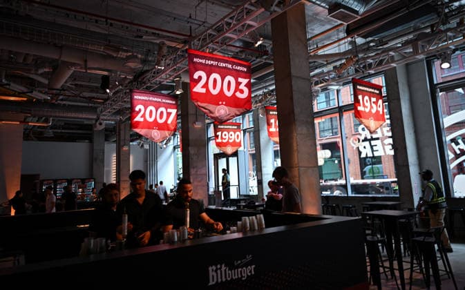 Soccer FIFA World Cup 2026 11 06 2026 German House of Soccer in Manhattan New York, Pre Opening at the opening match of the World Cup 2026, Mexico South Africa, pennant with the years of the World Cup victories men and women
