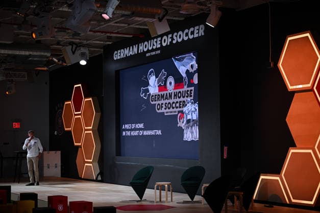 Soccer FIFA World Cup 2026 11 06 2026 German House of Soccer in Manhattan New York, Pre Opening at the opening match of the World Cup 2026, Mexico South Africa, interior view, video wall