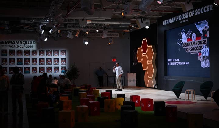 Soccer FIFA World Cup 2026 11 06 2026 German House of Soccer in Manhattan New York, Pre Opening at the opening match of the World Cup 2026, Mexico South Africa, interior view, video wall