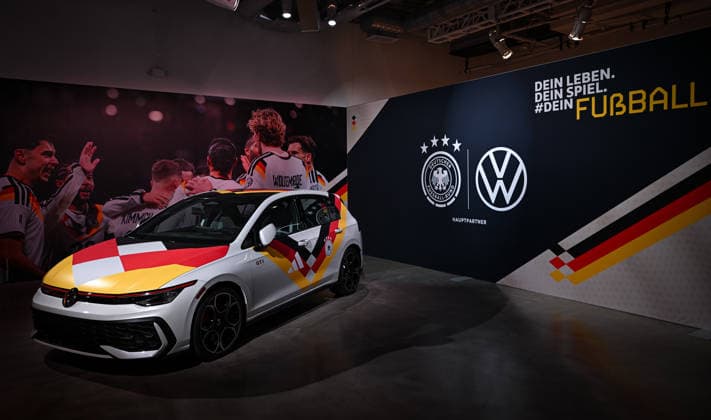 Football FIFA World Cup 2026 11 06 2026 German House of Soccer in Manhattan New York, Pre Opening at the opening match of the World Cup 2026, Mexico South Africa, interior view, advertising partner VW exhibits a GTI in jersey driving
