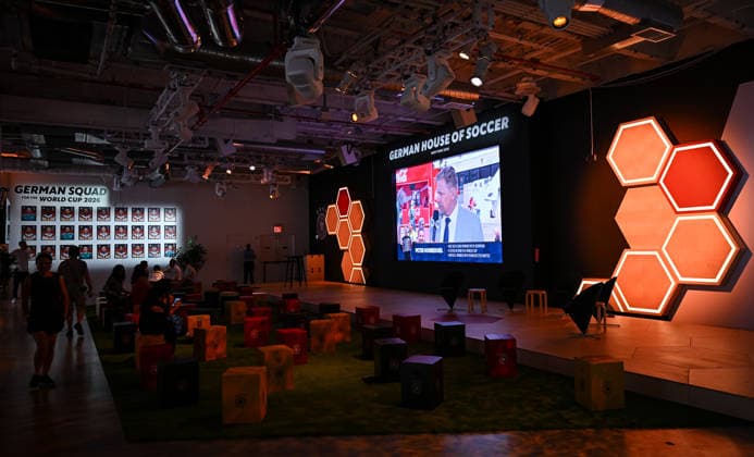 Soccer FIFA World Cup 2026 11 06 2026 German House of Soccer in Manhattan New York, Pre Opening at the opening match of the World Cup 2026, Mexico South Africa, interior view, video wall