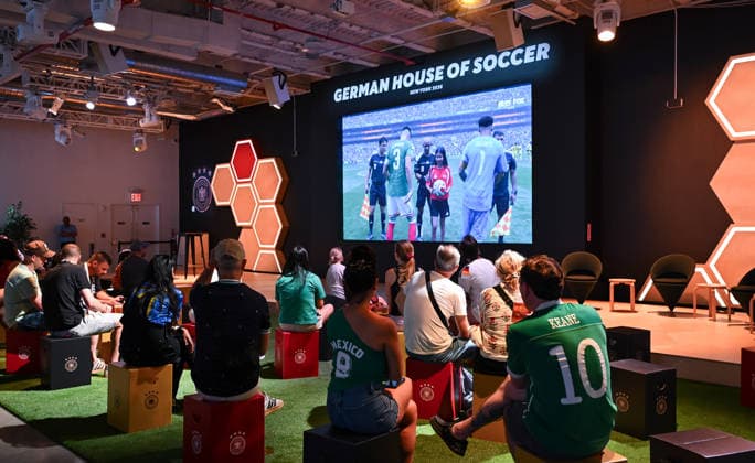 Soccer FIFA World Cup 2026 11 06 2026 German House of Soccer in Manhattan New York, Pre Opening at the opening match of the World Cup 2026, Mexico South Africa fans watch the start of the match on the video wall