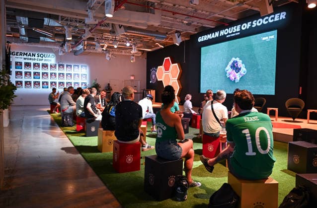 Soccer FIFA World Cup 2026 11 06 2026 German House of Soccer in Manhattan New York, Pre Opening at the opening match of the World Cup 2026, Mexico South Africa fans watch the start of the match on the video wall