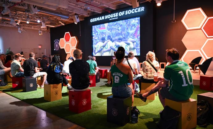 Soccer FIFA World Cup 2026 11 06 2026 German House of Soccer in Manhattan New York, Pre Opening at the opening match of the World Cup 2026, Mexico South Africa fans watch the start of the match on the video wall