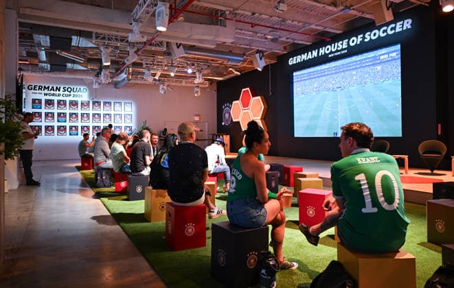 Soccer FIFA World Cup 2026 11 06 2026 German House of Soccer in Manhattan New York, Pre Opening at the opening match of the World Cup 2026, Mexico South Africa fans watch the start of the match on the video wall