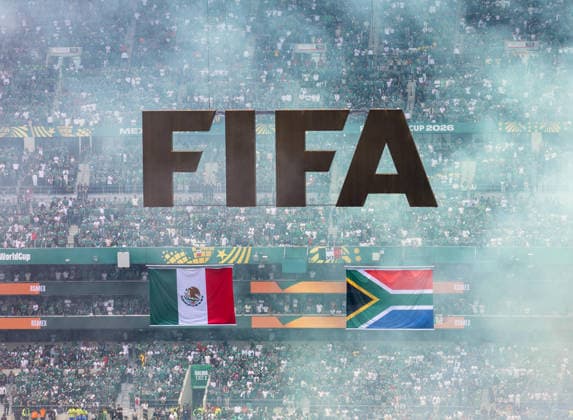 Soccer, Men, FIFA World Cup 2026 in Mexico, Canada and USA, Opening match in Mexico City Group A, 1 match day , Mexico South Africa, FIFA logo and flags of both teams are pulled to the roof, 11 06 2026, Copyright: xMatthiasxKochx
