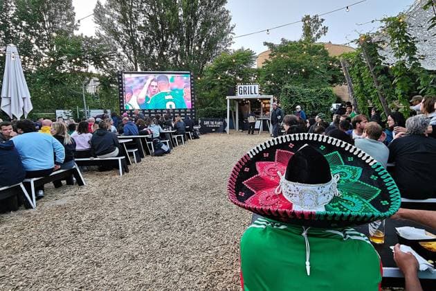 Berlin, Germany, 11 06 2026 BRLO Brwhouse Public Viewing for the World Cup Fans and interested parties sit in a beer garden and watch the Mexico-South Africa opening game on a big screen Copyright: xdtsxNachrichtenagenturx dts_122685