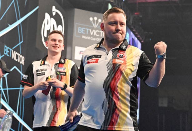11 06 2026, xhbx, Dart World Cup of Darts 2025, v l Ricardo Pietreczko Germany , Martin Schindler Germany cheers after the end of the match DFL DFB REGULATIONS PROHIBIT ANY USE OF PHOTOGRAPHS as IMAGE SEQUENCES and or QUASI VIDEO Frankfurt