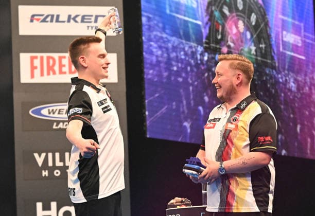 11 06 2026, xhbx, Dart World Cup of Darts 2025, v l Ricardo Pietreczko Germany , Martin Schindler Germany cheers after the end of the match DFL DFB REGULATIONS PROHIBIT ANY USE OF PHOTOGRAPHS as IMAGE SEQUENCES and or QUASI VIDEO Frankfurt