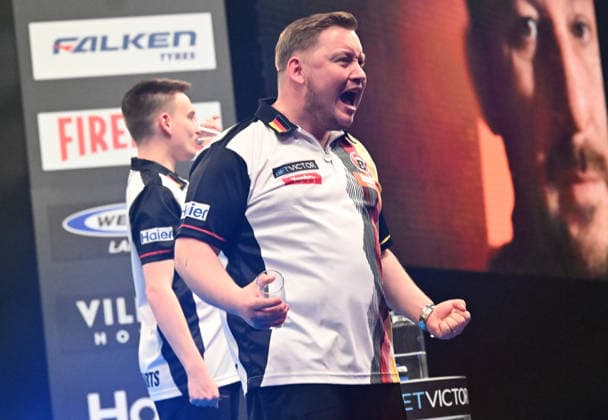11 06 2026, xhbx, Dart World Cup of Darts 2025, v l Ricardo Pietreczko Germany , Martin Schindler Germany cheers after the end of the match DFL DFB REGULATIONS PROHIBIT ANY USE OF PHOTOGRAPHS as IMAGE SEQUENCES and or QUASI VIDEO Frankfurt