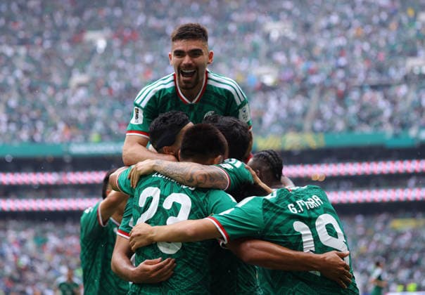 MEXICO CITY, MEXICO - JUNE 11: Raul JimÃ nez of Mexico (hidden) celebrates with his team-mates after scores his sides second goal during the FIFA World Cup, WM, Weltmeisterschaft, Fussball 2026 Group A match between Mexico and South Africa at Mexico City Stadium on June 11, 2026 in Mexico City, Mexico.  Copyright: xMBxMediax