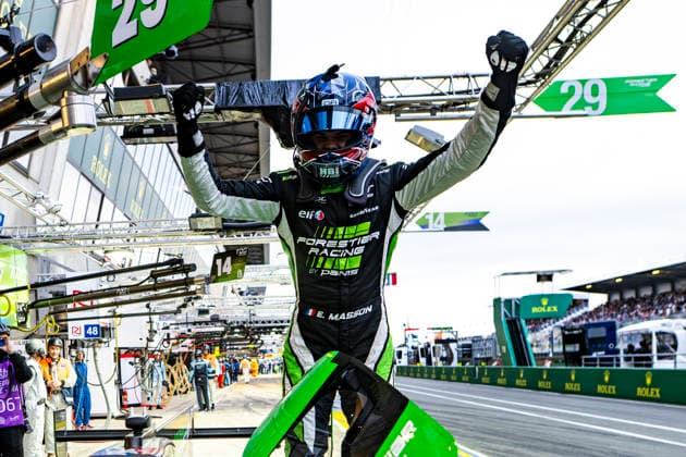 24 HEURES DU MANS 2026 - FREE PRACTICE AND QUALIFIYING SESSION MASSON Esteban (fra), Forestier Racing by Panis, Oreca 07 Gibson 29, LMP2, portrait, celebrations during the Free Practice and Qualifying session of the 24 Hours of Le Mans 2026, 3rd round of the 2026 FIA World Endurance Championship, from June 10 to 11, 2026 on the Circuit des 24 Heures du Mans in Le Mans, France - Le MansFrance  Copyright: xFabrizioxBoldonix