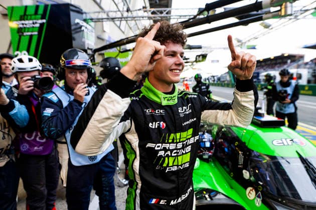 24 HEURES DU MANS 2026 - FREE PRACTICE AND QUALIFIYING SESSION MASSON Esteban (fra), Forestier Racing by Panis, Oreca 07 Gibson 29, LMP2, portrait, celebrations during the Free Practice and Qualifying session of the 24 Hours of Le Mans 2026, 3rd round of the 2026 FIA World Endurance Championship, from June 10 to 11, 2026 on the Circuit des 24 Heures du Mans in Le Mans, France - Le MansFrance  Copyright: xFabrizioxBoldonix