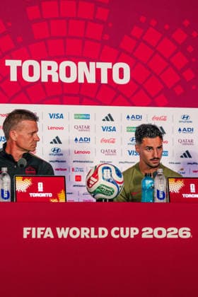 Stephen Eustáquio of Canada answers questions from media during the pre-game press conference, PK, Pressekonferenz before the 2026 FIFA World Cup, WM, Weltmeisterschaft, Fussball game between Canada and Bosnia and Herzegovina at Toronto Stadium on June 11, 2026 in Toronto, Ontario, Canada  Copyright: xCurtisxWongx xSPPx Sportspressphoto_SPR165074