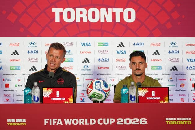 Canada MD-1 press conference, PK, Pressekonferenz - 2026 FIFA World Cup, WM, Weltmeisterschaft, Fussball Jesse Marsch Head Coach and Stephen EUSTAQUIO 07 of Canada during the 2026 FIFA World Cup press conference one day before the match between Canada and Bosnia and Herzegovina at Toronto Stadium. on June 11, 2026 in Toronto, Canada. (Photo by Leonardo Ramirez Eyepix Group) Copyright: xLeonardoxRamirezx xEyepixxGroupx LR11062026-01637