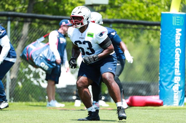 FOXBOROUGH, MA- JUNE 11: Mehki Butler 63 of the New England Patriots in warmups during New England Patriots Minicamp on June 11, 2026, at Gillette Stadium in Foxborough, Massachusetts. (Photo by Summer Lamont Icon Sportswire) NFL, American Football Herren, USA JUN 11 New England Patriots Minicamp EDITORIAL USE ONLY Icon260611017