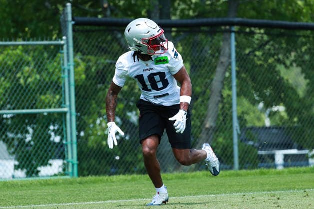 FOXBOROUGH, MA- JUNE 11: Kyle Williams 18 of the New England Patriots runs in a drill during New England Patriots Minicamp on June 11, 2026, at Gillette Stadium in Foxborough, Massachusetts. (Photo by Summer Lamont Icon Sportswire) NFL, American Football Herren, USA JUN 11 New England Patriots Minicamp EDITORIAL USE ONLY Icon260611042