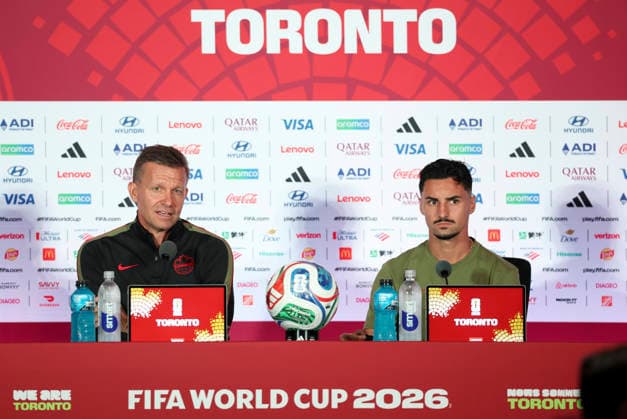 (260612) -- TORONTO, June 12, 2026 -- Jesse Marsch (L), head coach of Canada attends a press conference, PK, Pressekonferenz ahead of the group stage match between Canada and Bosnia and Herzegovina at the FIFA World Cup, WM, Weltmeisterschaft, Fussball 2026 in Toronto, Canada, June 11, 2026. (Photo by Xinhua) (SP)CANADA-TORONTO-FOOTBALL-FIFA WORLD CUP-PRESS CONFERENCE-CAN VS BIH ZouxZheng 