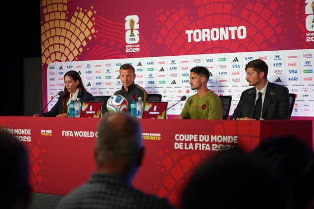 Canada MD-1 press conference, PK, Pressekonferenz - 2026 FIFA World Cup, WM, Weltmeisterschaft, Fussball Jesse Marsch Head Coach and Stephen EUSTAQUIO 07 of Canada during the 2026 FIFA World Cup press conference one day before the match between Canada and Bosnia and Herzegovina at Toronto Stadium. on June 11, 2026 in Toronto, Canada. Toronto Ontario Canada Copyright: xLeonardoxRamirezx