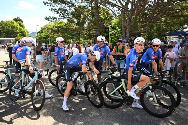 Tour Auvergne - Rhone-Alpes 2026 Stage 6 CREST-VOLAND, FRANCE - JUNE 12 : Uhlig Henri (GER) of Alpecin - Premier Tech, Belmans Lennert (BEL) of Alpecin - Premier Tech, Debruyne Ramses (BEL) of Alpecin - Premier Tech, Glivar Gal (SLO) of Alpecin - Premier Tech, Gogl Michael (AUT) of Alpecin - Premier Tech, Houle Hugo (CAN) of Alpecin - Premier Tech, Remijn Senna (NED) of Alpecin - Premier Tech during stage 6 of the 78th edition of Tour Auvergne - Rhone-Alpes an UCI World Tour 2.UWT cycling road race stage for Men Elite of 182.3 km with start in Saint-Vulbas and finish in Crest-Voland on June 12, 2026 in Crest-Voland, France, 12 06 2026 ( Motordriver Guy De Vuyst - Crest-Voland France  Copyright: xVincentxKalutx