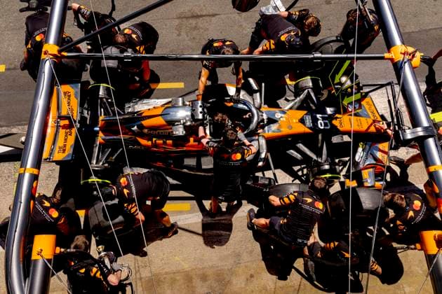 BARCELONA Practice a pit stop with the car of Formula 1 driver Oscar Piastri of McLaren Mastercard Formula 1 Team during the Formula 1 Spain Catalonia at the Circuit de Barcelona Catalunya on June 12, 2026 in Barcelona, Spain Photo by DeFodi Images