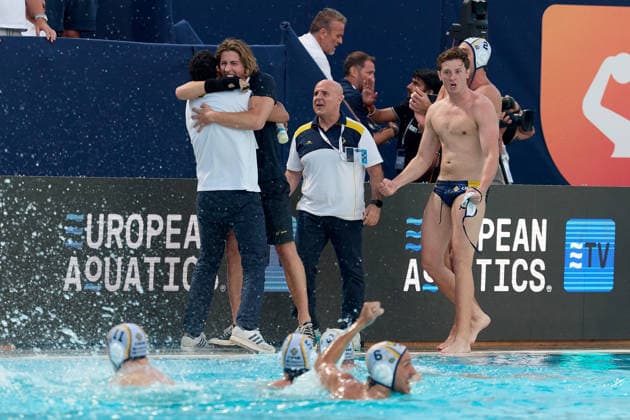 Zodiac CNAB players and staff members react in celebration after the European Aquatics Men™s Water polo, Wasserball Champions League semi-final (SF1) match between Zodiac CNAB and FTC Telekom Waterpolo at the National Pool, Tal-Qroqq, Malta, on 11 June 2026. Zodiac CNAB v FTC Telekom Waterpolo - Men™s Water Polo Men Champions League 2026 EA_CL_2026_MLT