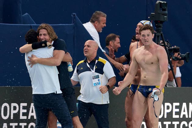 Zodiac CNAB players and staff members react in celebration after the European Aquatics Men™s Water polo, Wasserball Champions League semi-final (SF1) match between Zodiac CNAB and FTC Telekom Waterpolo at the National Pool, Tal-Qroqq, Malta, on 11 June 2026. Zodiac CNAB v FTC Telekom Waterpolo - Men™s Water Polo Men Champions League 2026 EA_CL_2026_MLT
