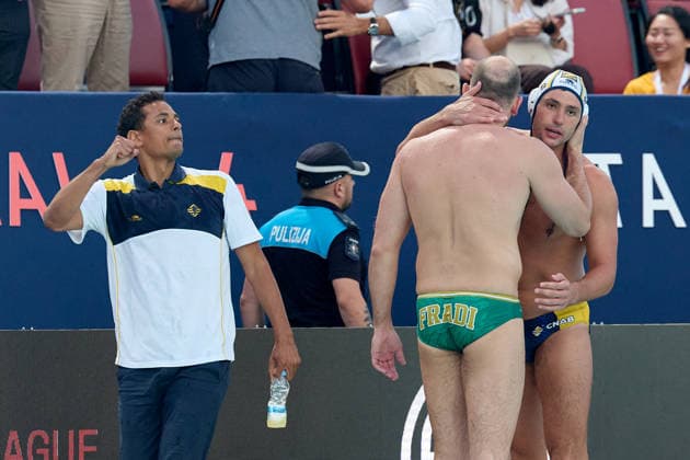 Fran Fernandez (left), head coach of Zodiac CNAB reacts in celebration after the European Aquatics Men™s Water polo, Wasserball Champions League semi-final (SF1) match between Zodiac CNAB and FTC Telekom Waterpolo at the National Pool, Tal-Qroqq, Malta, on 11 June 2026. Zodiac CNAB v FTC Telekom Waterpolo - Men™s Water Polo Men Champions League 2026 EA_CL_2026_MLT