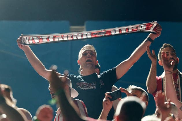 Olympiacos SFP fans ahead of the European Aquatics Men™s Water polo, Wasserball Champions League semi-final (SF2) match between Pro Recco and Olympiacos SFP at the National Pool, Tal-Qroqq, Malta, on 11 June 2026. Pro Recco v Olympiacos SFP - Men™s Water Polo Men Champions League 2026 EA_CL_2026_MLT