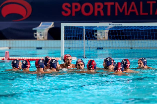 Olympiacos SFP players gather together ahead of the European Aquatics Men™s Water polo, Wasserball Champions League semi-final (SF2) match between Pro Recco and Olympiacos SFP at the National Pool, Tal-Qroqq, Malta, on 11 June 2026. Pro Recco v Olympiacos SFP - Men™s Water Polo Men Champions League 2026 EA_CL_2026_MLT